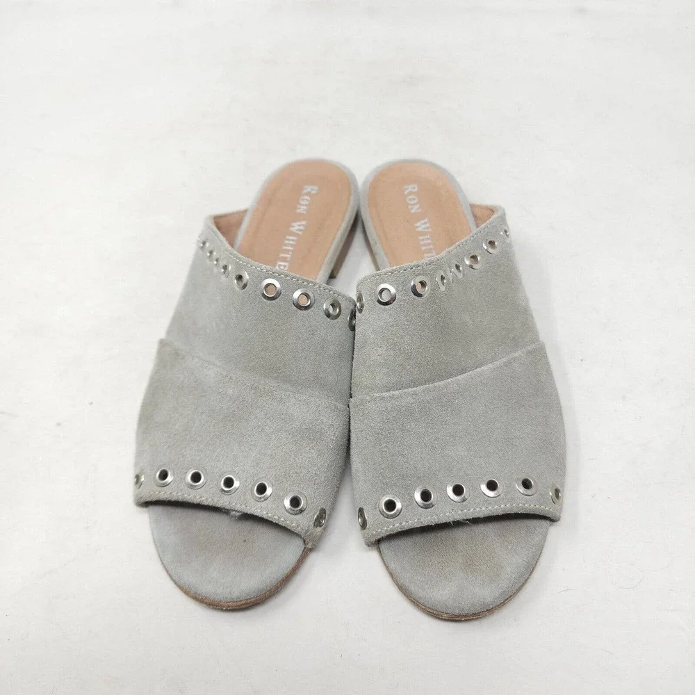 Ron White Womens Sandals Stone Gray Suede Leather Grommet Slides Shoes Sz 38 7.5